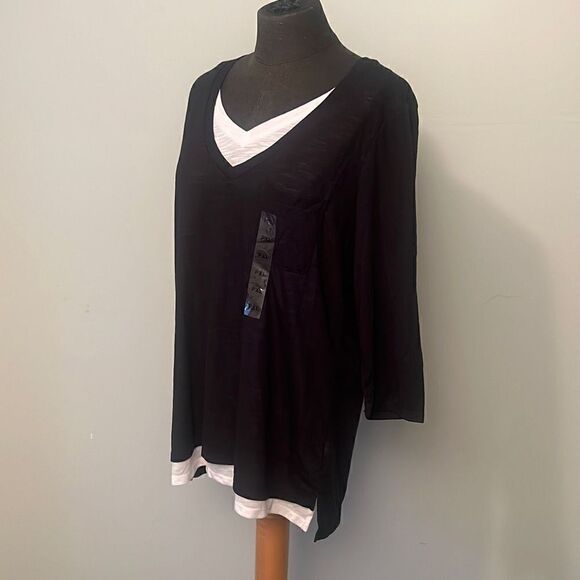 Rebecca Malone Women's Black 3/4 Sleeve Faux Layered Top PXL NWT - Picture 3 of 7
